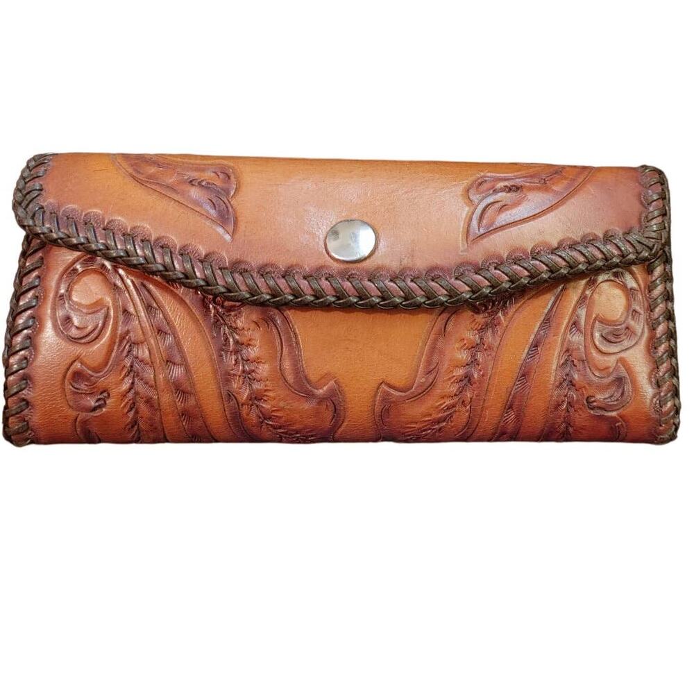 Hand Tooled Leather Wallet  Floral 8.25 x 1 x 4 Brown